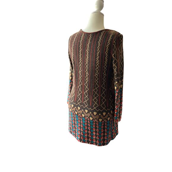 Cathaya Boho Brown Graphic Stretch Knit Tunic Women's Size L Wood Accent Fall - Picture 3 of 7